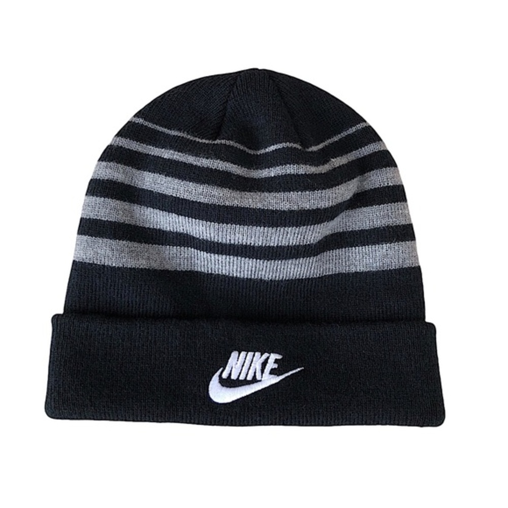 Nike Knit Beanie Hat Cap Black Gray Stripe White Embroidery Swoosh Youth OS